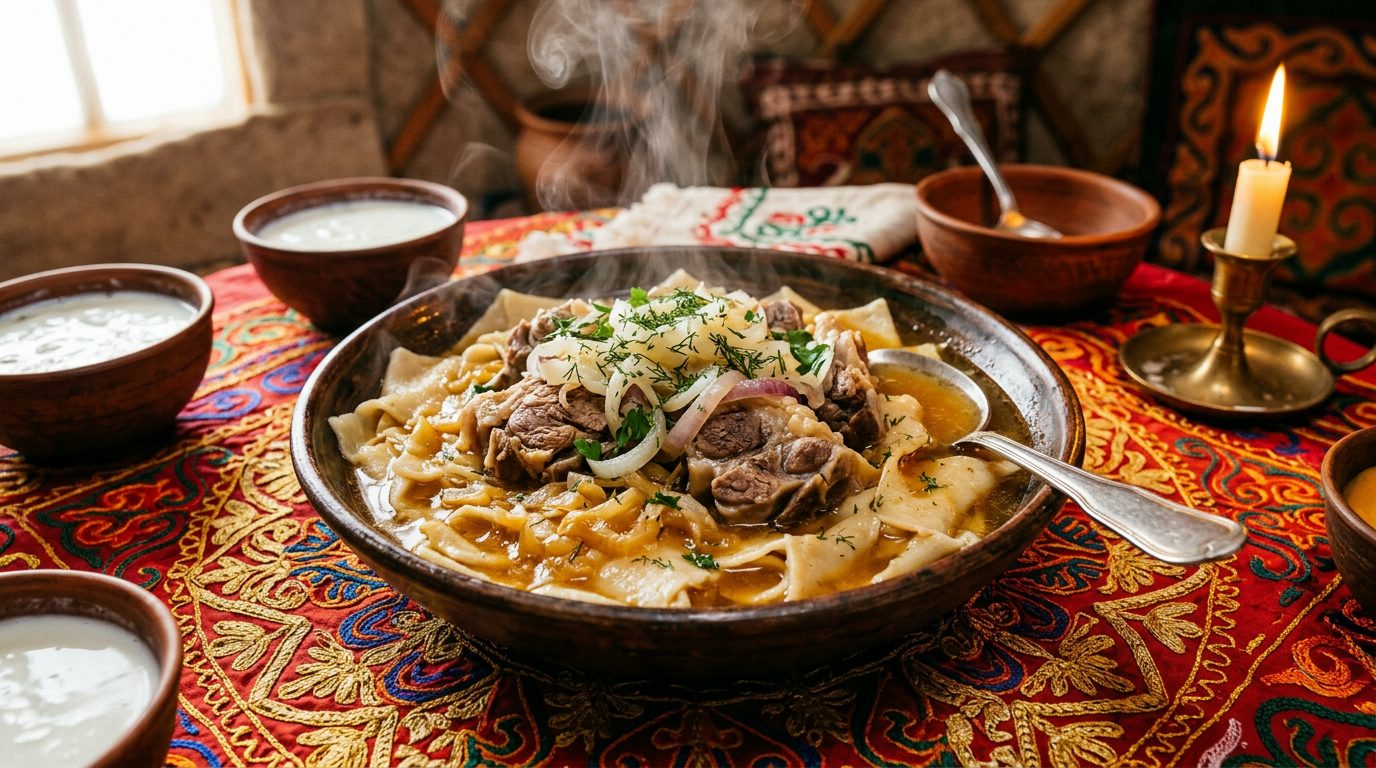 Steaming beshbarmak on a traditional Kazakh dastarkhan